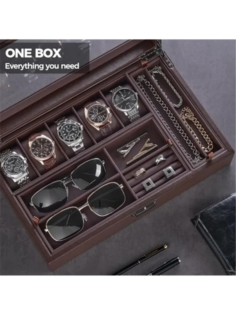 Men's Jewelry Box, 5-Slot Watch Display Case Jewelry Storage Organizer